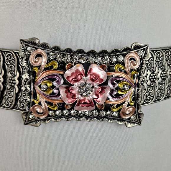 Armor Link Belt Accessories - BELT Silver Metal Armor Link Stretch Belt with Flower & Rhinestone Buckle